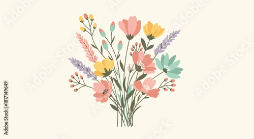 Floral Arrangement With Pastel Colored Flowers On Beige Background