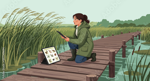 Biologist Exploring Wetland Wildlife Observing with Digital Tablet Illustration