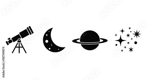 A simple black and white illustration of space elements and astronomy
