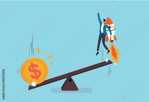 Economic stimulus money, central bank inject money to boost business and recover from Coronavirus COVID-19 crisis, big money dollar coin fall on seesaw to boost other side businessman with rocket.