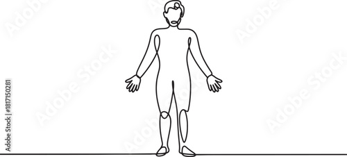 Continuous line drawing of man standing with arms outstretched in simple style on white background isolated vector illustration 200 characters