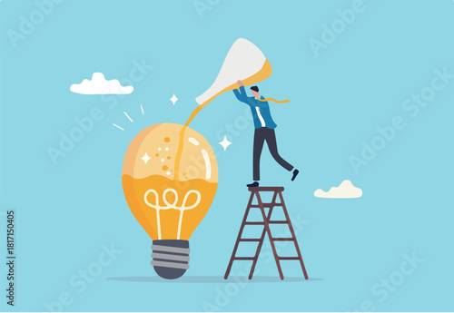 Perfectionist, too much attention to details, high standard goal, focus on perfect result concept, perfectionist businessman with magnifying glass looking at every details of lightbulb idea.