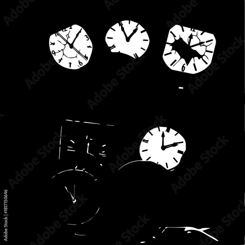 Broken and Shattered Clocks with Cracks and Damage.