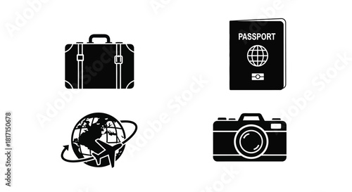 Travel essentials suitcase passport globe and camera shown in black silhouettes