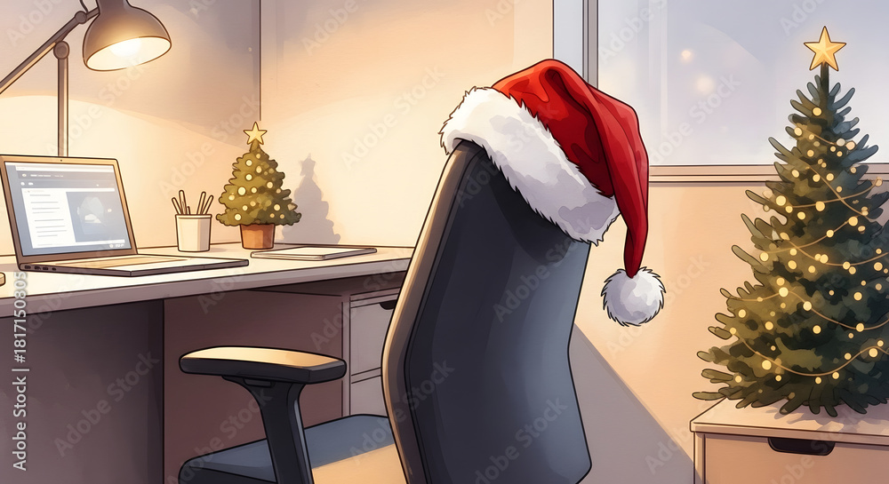 Fototapeta premium Silla ejecutiva con gorro navideño y pequeño árbol en escritorio, saludo corporativo de fin de año