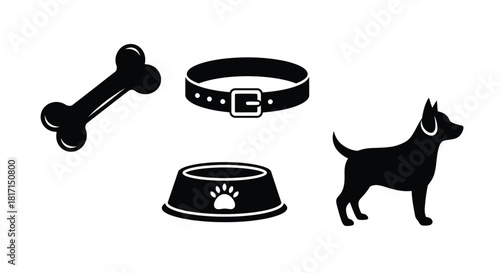 Simple black and white icons depicting dog supplies and a pet