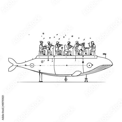 Orchestra of musicians playing instruments on top of a whale shaped platform with musical notes above