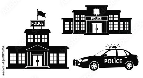 A black and white illustration of a police station car and flag