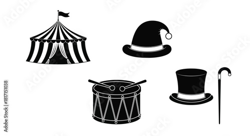 Black and white illustration of a circus tent hats drum and cane