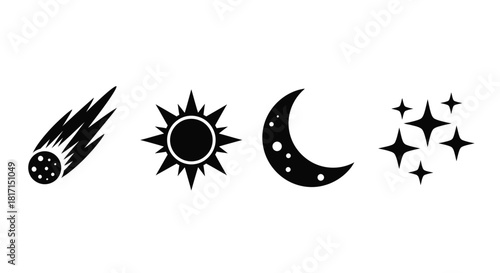 Celestial icons depicting a comet sun moon and sparkling stars