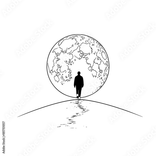 A lone figure walking towards a large moon on a hill in a minimalist black and white line drawing style art