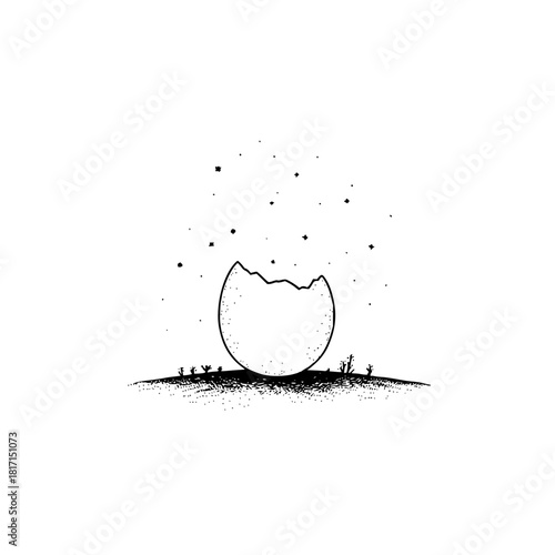 A broken eggshell sitting on a small hill with stars above it in a black and white illustration style