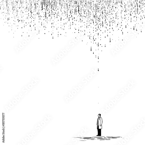 A lone figure in a lab coat stands beneath a cascade of falling particles in a minimalist illustration