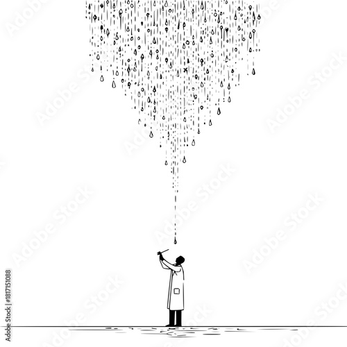 Scientist observing rain drops falling from above in a black and white minimalist illustration style drawing