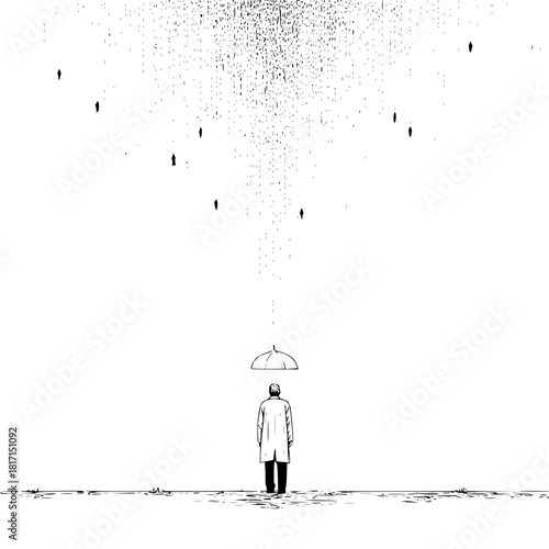 A lone figure stands under an umbrella as rain falls from above with other figures in the distance in black and white