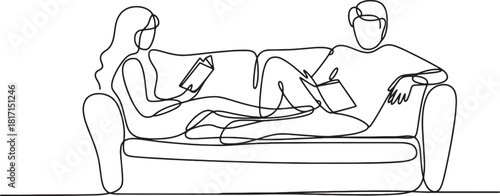 Couple Reading Continuous Line Drawing People Relaxing on Couch Single Outline Sketch Lovers Reading Books Linear Style Togetherness Isolated on Background