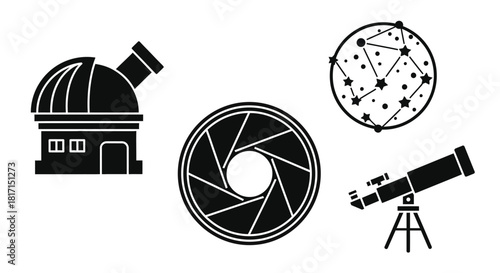 Observatory telescope camera aperture and constellation icons in black and white