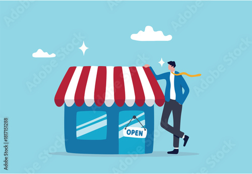 Business owner and entrepreneur start small business or retail shop, open store front or online shop concept, confidence businessman entrepreneur standing with his new opening company or store front. 