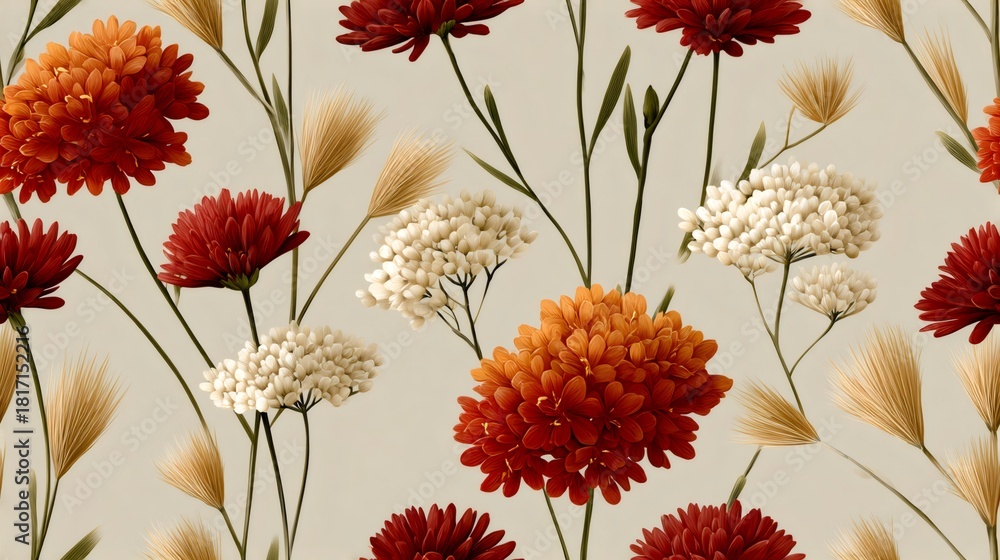 Naklejka premium Autumn floral seamless pattern with warm colored flowers