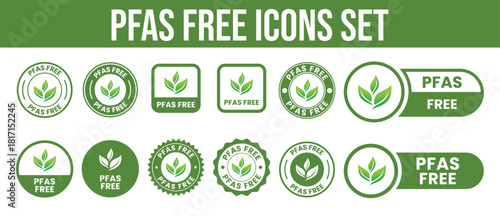 PFAS Free Label Icon Set. Circle Badge, Stamp, Logo, Symbol, Emblem Design. Black Line Vector Isolated on White Background for Non-Toxic, Chemical-Free, Eco-Friendly Product Packaging.	