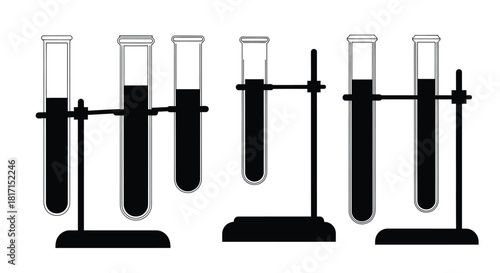 A series of test tubes held in laboratory stands some with liquid