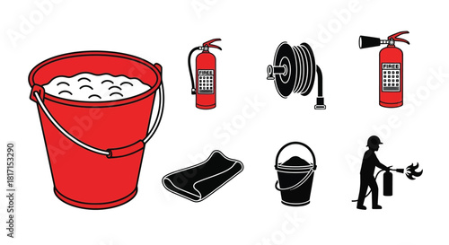 Fire safety equipment water containers and a worker illustration in black and red