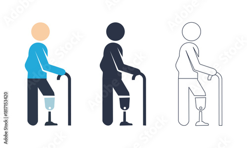 “Disabled person with prosthetic leg using walking cane – mobility aid support, rehabilitation assistance, accessibility illustration set”