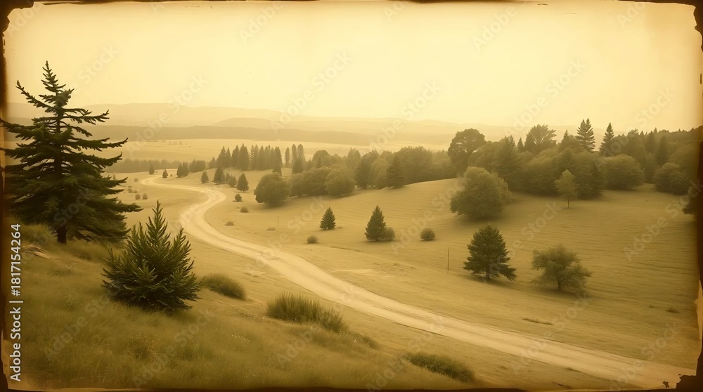 Fototapeta premium wide countryside road with soft golden lighting and distant trees creating a warm nostalgic mood