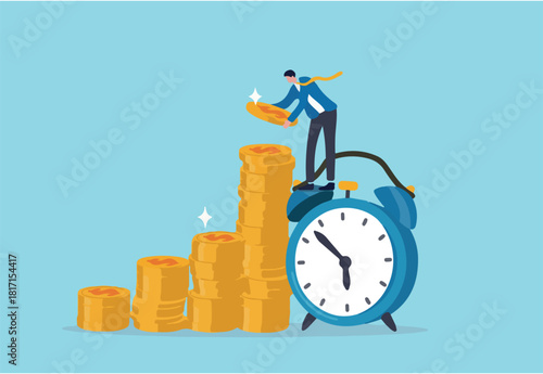 Long term investing or savings for retirement fund, compound interest or investment growth, tax time reminder concept, businessman on alarm clock put more dollar coin money to increase his savings.