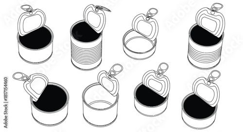 Line art illustration of various opened and partially opened tin cans