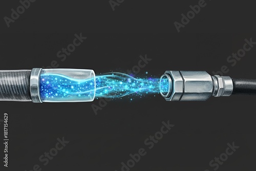 Water flowing through flexible hose with glowing particles and connection hydrogen refueling station