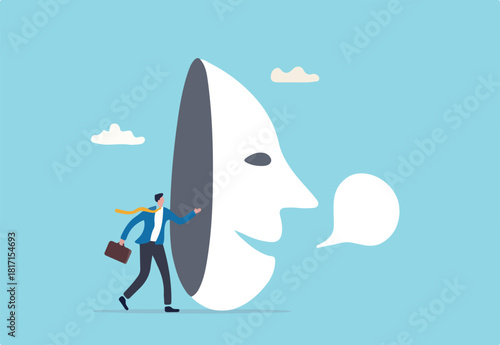 Dishonesty, lies or scam, fraud or fake hiding behind disguise mask, business cheating or suspicion false or fake news concept, dishonest businessman hiding behind disguise mask pretend to lying.