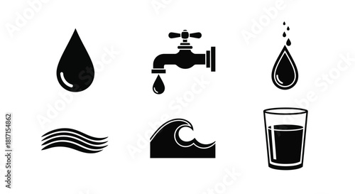 Water symbols including drops faucet waves and a glass of water