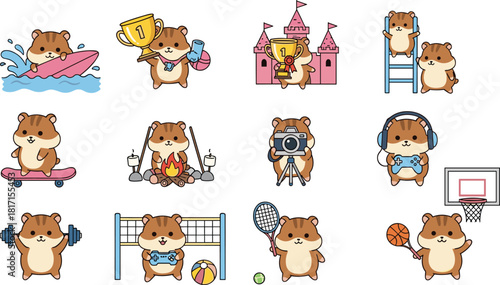 Cartoon hamsters doing sports, cute character grid, playful activity icons, fun hobby scenes, energetic poses and gear, flat vector illustration