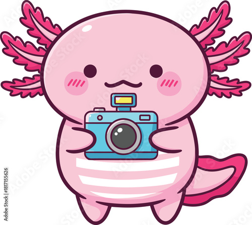 Cute axolotl with camera, cartoon pink character, photography theme, smiling aquatic animal, whimsical pose and gear, flat vector illustration