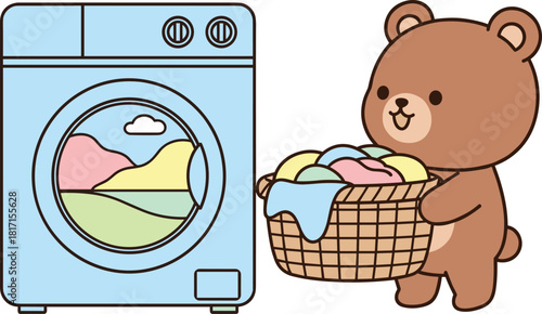 Cute bear doing laundry, cartoon household chore, washing machine with scenic door, colorful clothes basket, playful cleaning theme, flat vector illustration