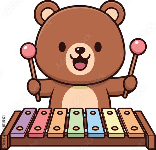 Cute bear playing xylophone, cartoon animal musician, colorful music bars, cheerful character pose, kids music theme, flat vector illustration