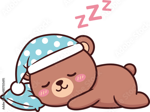 Cute bear sleeping peacefully, cartoon bedtime character, blue pillow and cap, cozy nap pose, restful theme, flat vector illustration