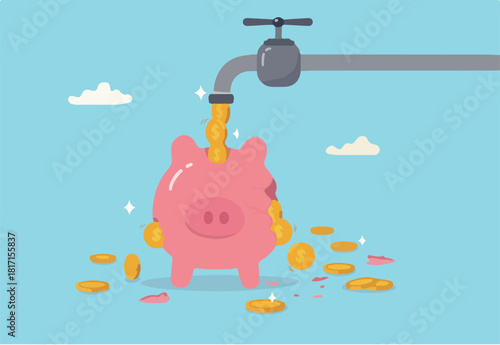 Money leaking, overspending or expense that reducing wealth or saving, fees or debt money loss, bankruptcy or poor, spending concept, faucet with money income flow into broken leaking piggy bank