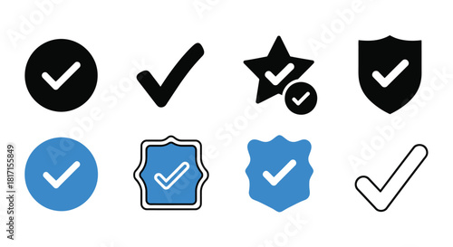 Collection of various checkmark star and shield icons in black and blue