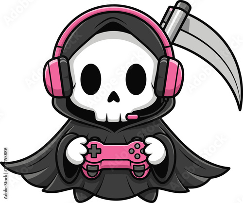 Grim Reaper playing video games, cartoon skull character, pink headset and controller, spooky gamer theme, humorous concept, flat vector illustration