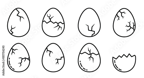 Line art illustration depicting various stages of egg cracking and hatching
