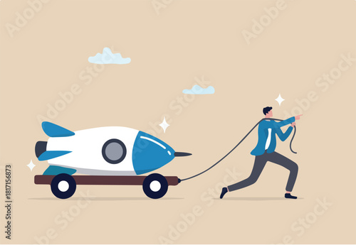 Entrepreneur initiative idea, ambition to push effort to success, start new business or company with creativity development, innovation or invention concept, businessman pull new creative rocket