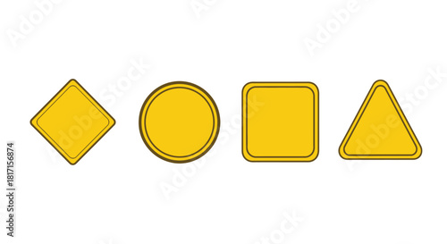 A row of yellow geometric shapes including diamonds circles and triangles