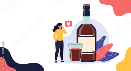 Young woman on her phone with a social media like icon next to a large bottle and glass of soda pop or craft beer beverage.