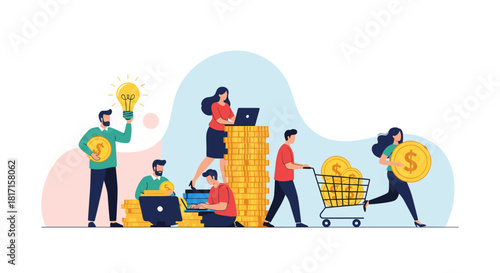 Group of diverse business people engaged in various financial activities like earning money online investing and consumer spending.