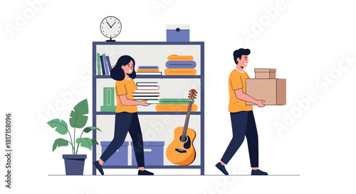Young couple working together to organize their belongings by placing books boxes and a guitar on a shelf in their new home.