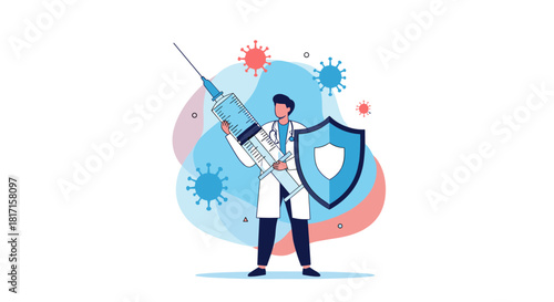 Male doctor holding a large syringe and shield to represent vaccination as a defense and protection against viral infections.