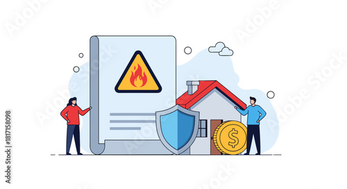 Couple standing with a house and a large insurance policy document that provides financial protection against fire and other risks.