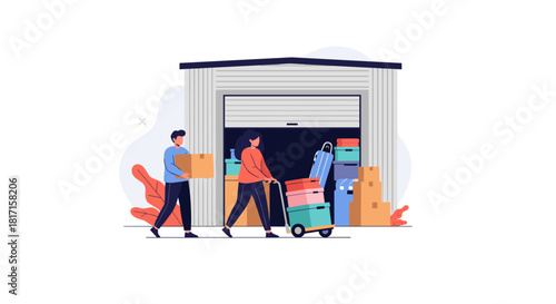 Couple renting a self-storage unit to store their personal belongings and boxes while moving or organizing their possessions.